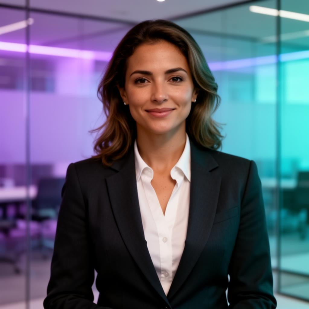 Executiva confiante usando a plataforma Verticix Tech